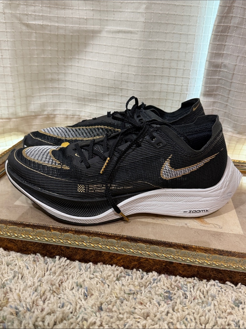 Nike wms sz 11 ZoomX VaporFly Next 2% black gold white shoes sneakers running